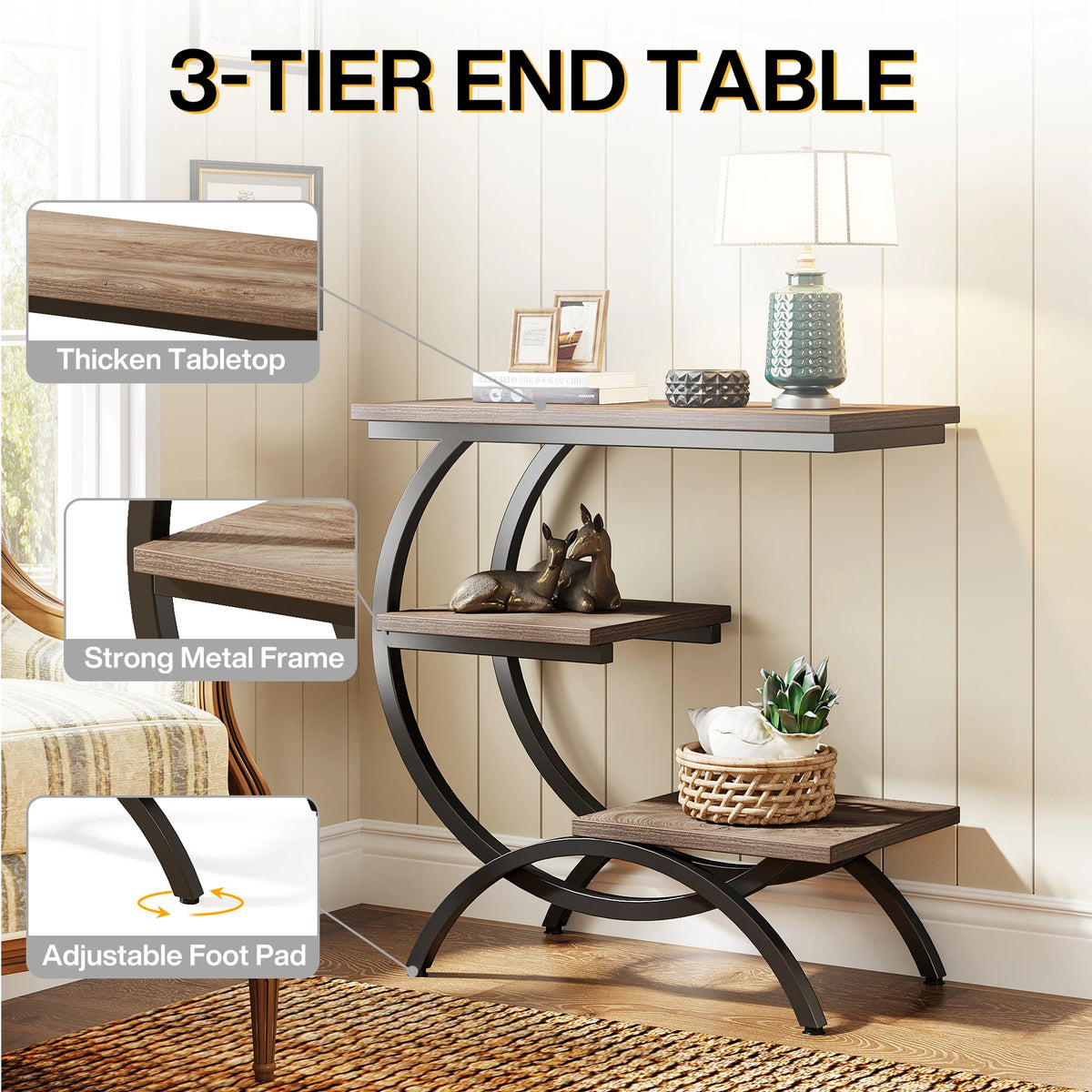Tribesigns C-Shaped Industrial End Table With Three Storage Shelves