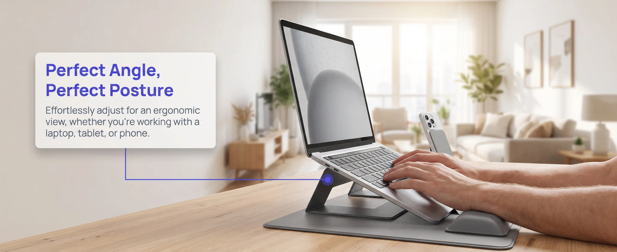 Module Master Magnetic Foldable Laptop Stand for 17" Laptop Ergonomic Adjustable Portable Laptop Riser Dual Mode Lap Desk with Magnetic Phone Stand Fiberglass Steel Base for Travel Office