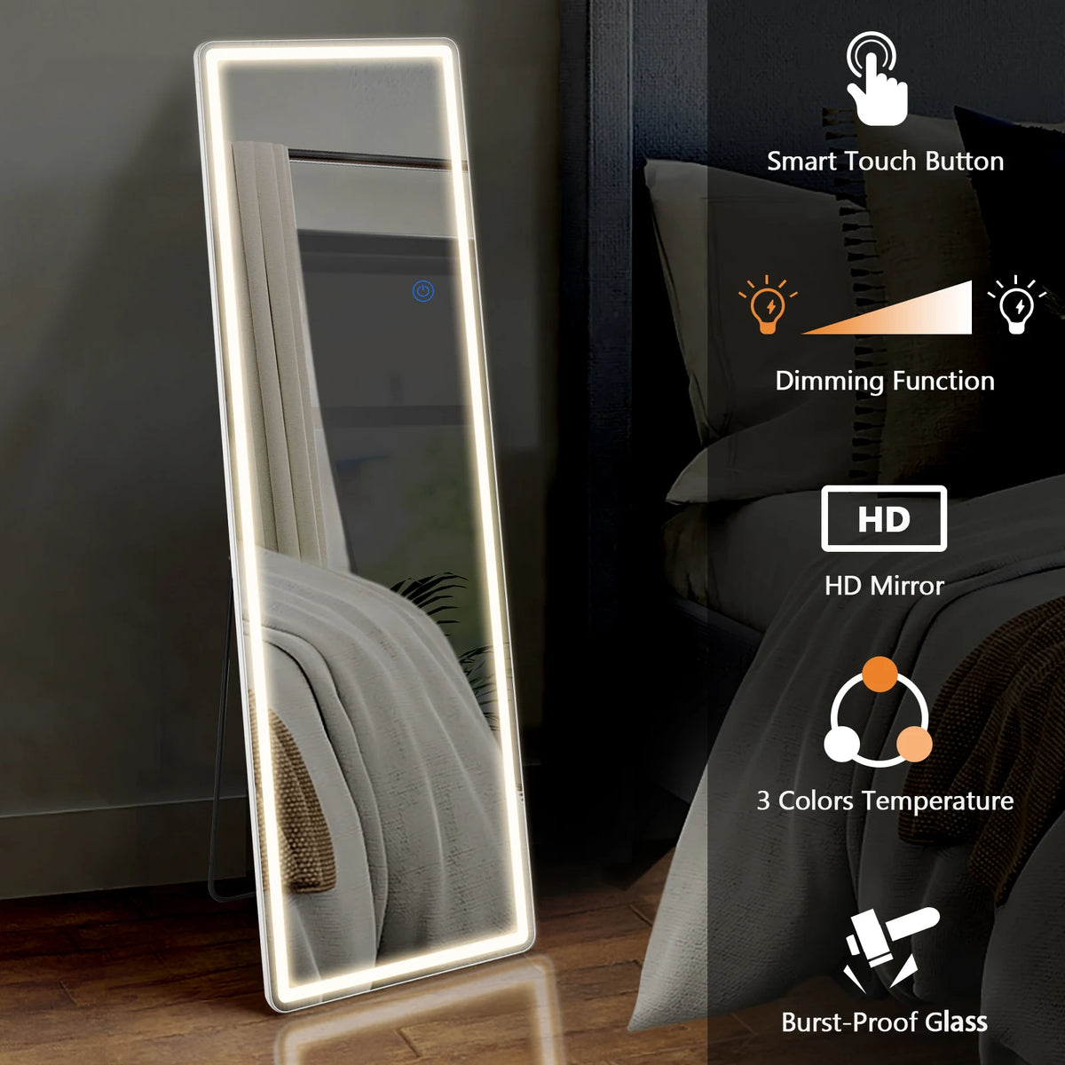 JHK Full Length Led Standing Mirror Wall Mounted Aluminum Frame