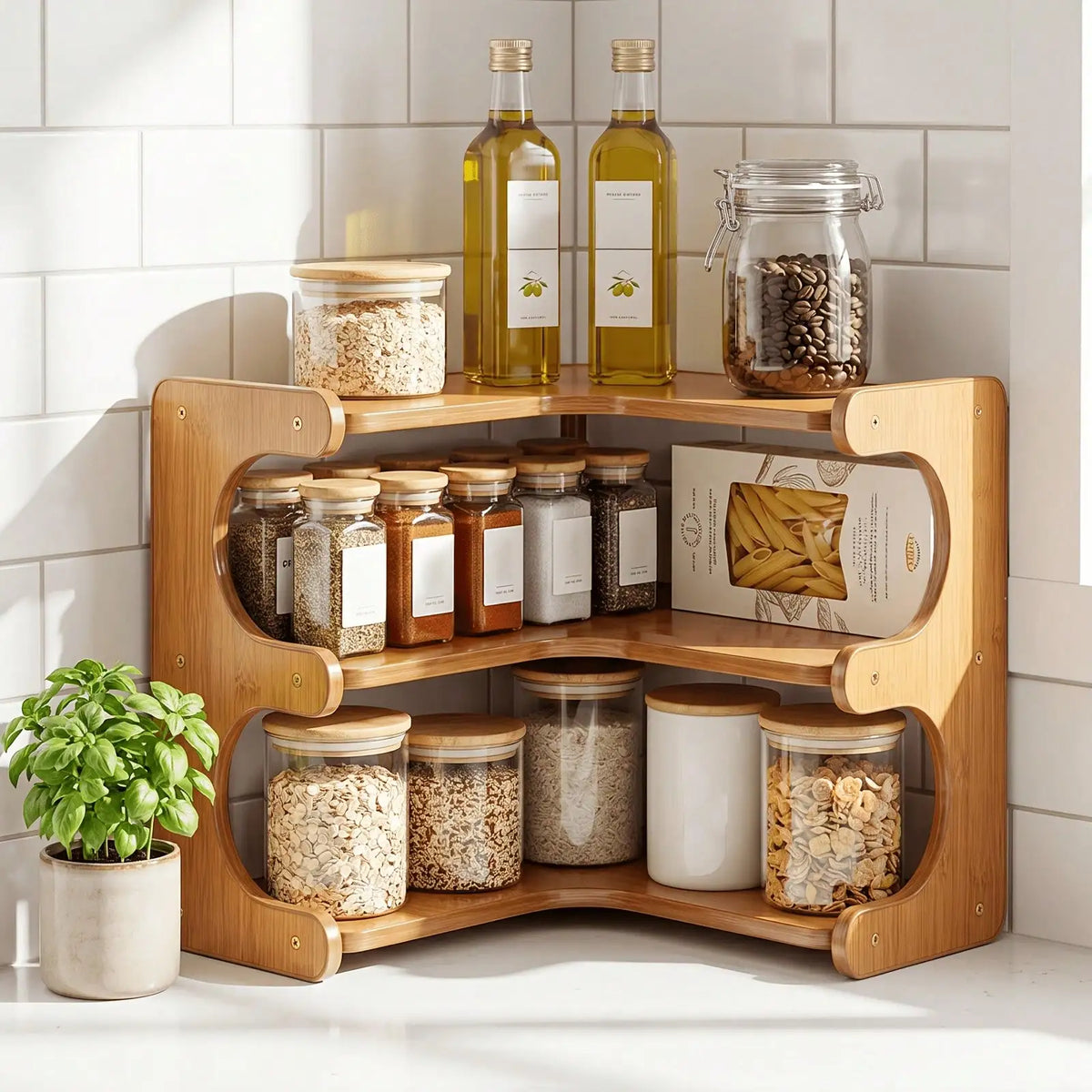 Freestanding Wood Corner Organizer Shelf Multi Tier Storage Rack