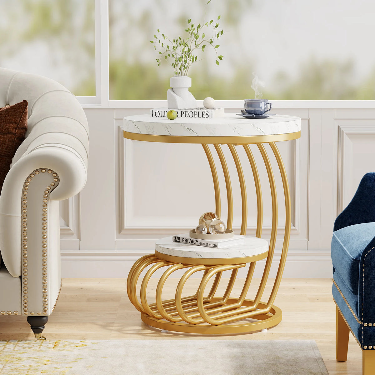 Tribesigns Modern Round End Table With Faux Marble Storage Shelf