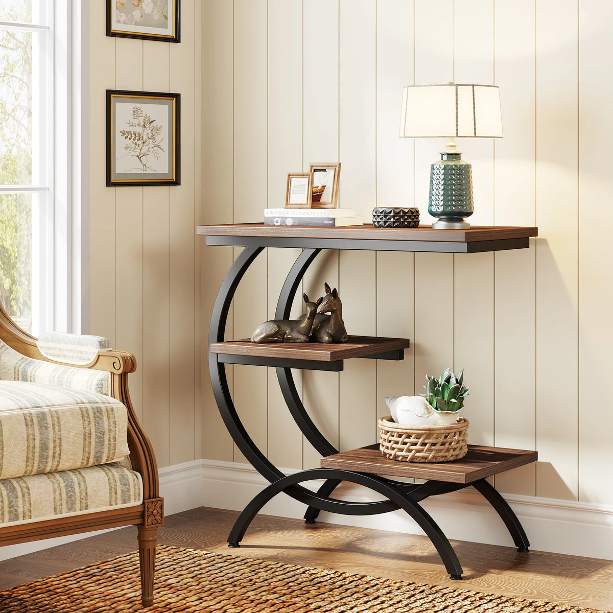 Tribesigns C-Shaped Industrial End Table With Three Storage Shelves