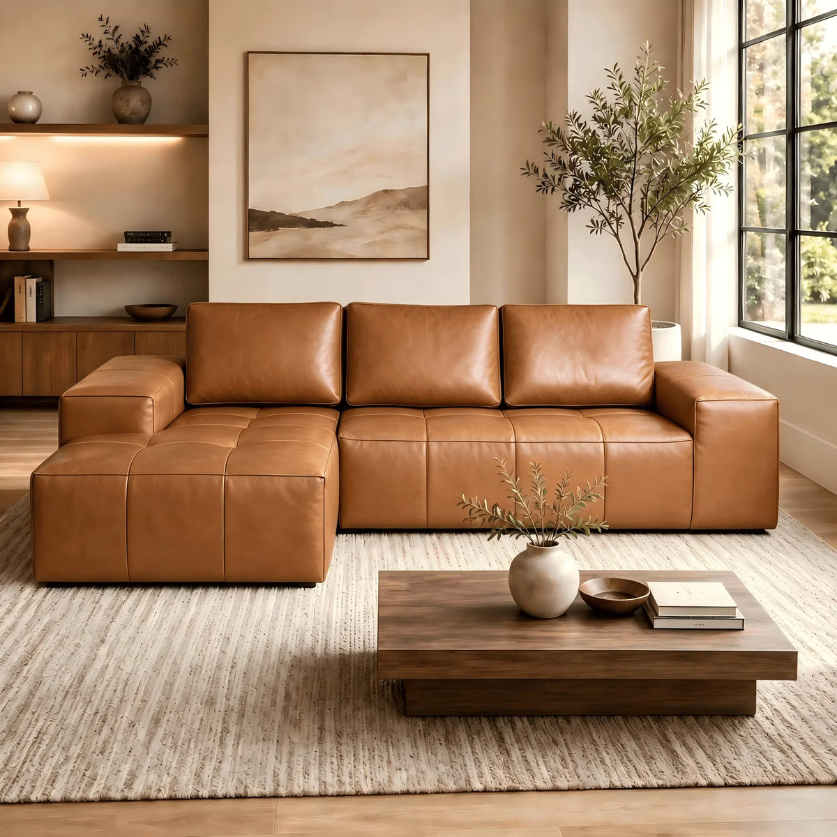 Cloud Sectional Sofa With Chaise And Faux Leather Couch