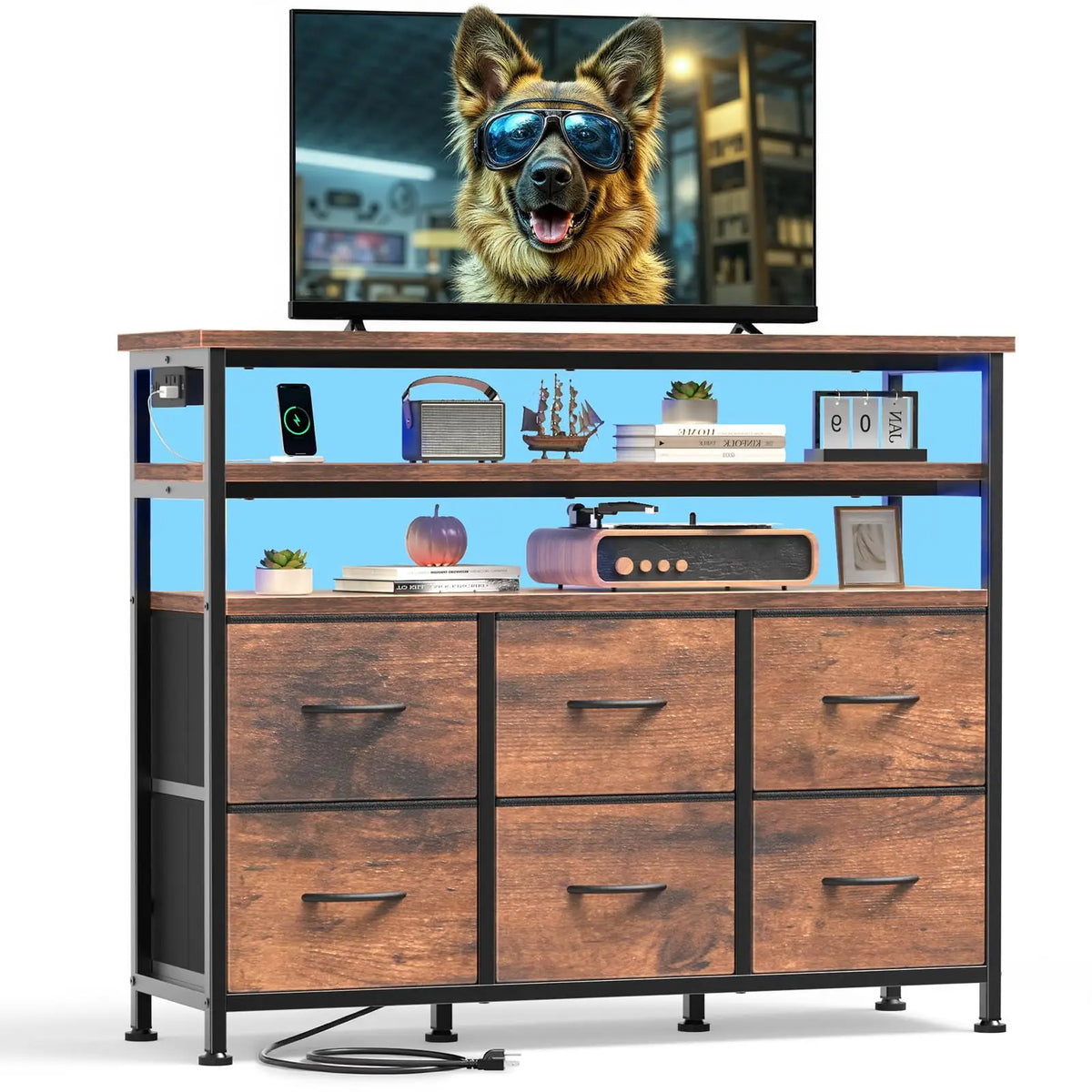 JHK Modern TV Stand Featuring Six Fabric Drawers For Storage