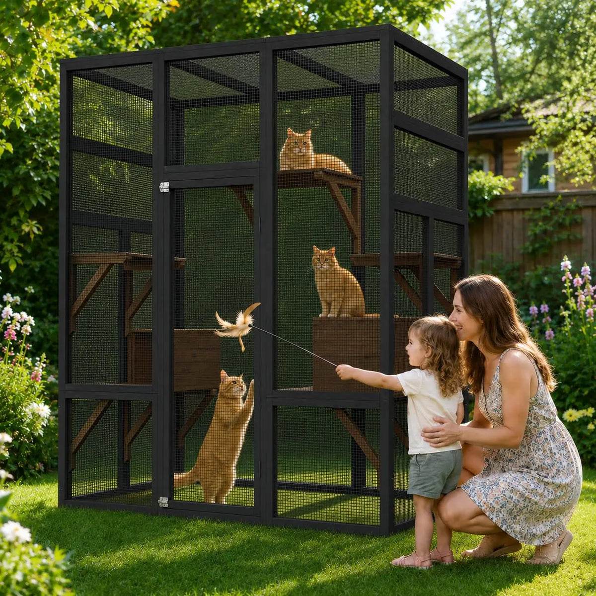 HiMISS Outdoor Wooden Catio Enclosure With Platforms And Rest Boxes