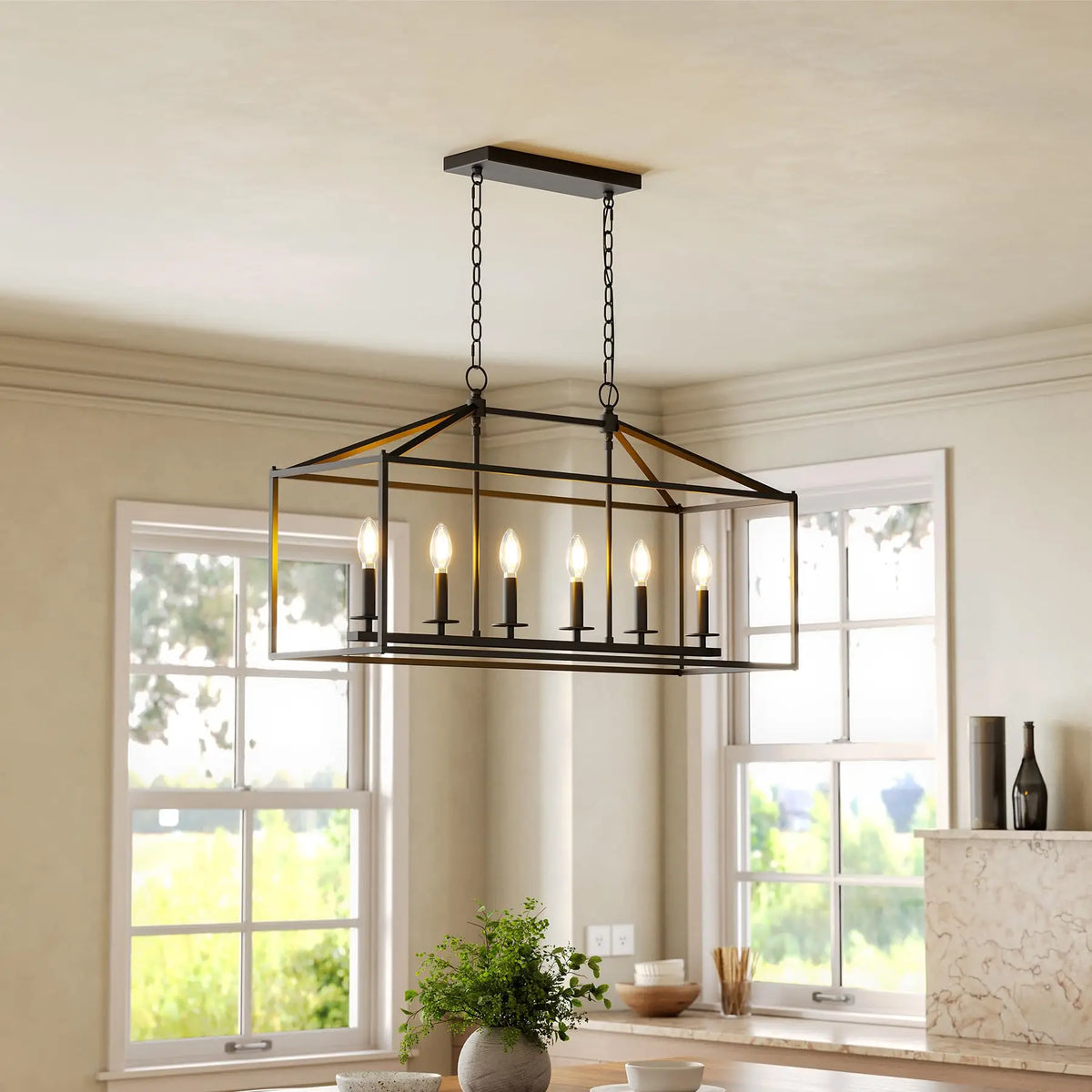 Tribesigns Farmhouse Dining Room Light Fixtures Over Table, 6-Light Kitchen Island Pendant Lighting with Adjustable Chain, Black