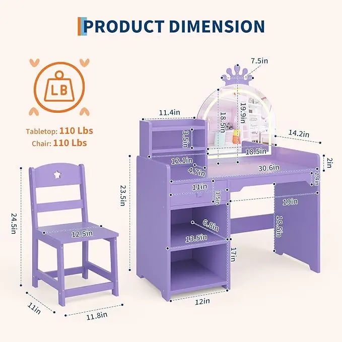 Kids Vanity with Lights, 2 in 1 Princess Makeup Vanity Desk & Chair Set, Toddler Vanity Table with Open Bookshelf for Girls