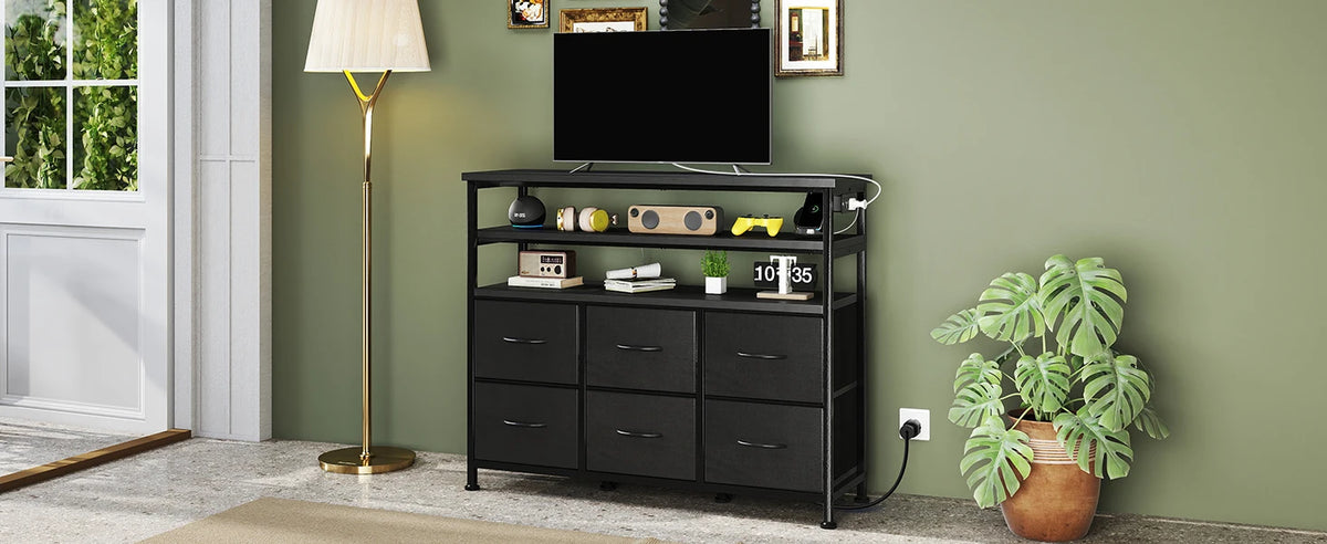 JHK Modern TV Stand Featuring Six Fabric Drawers For Storage