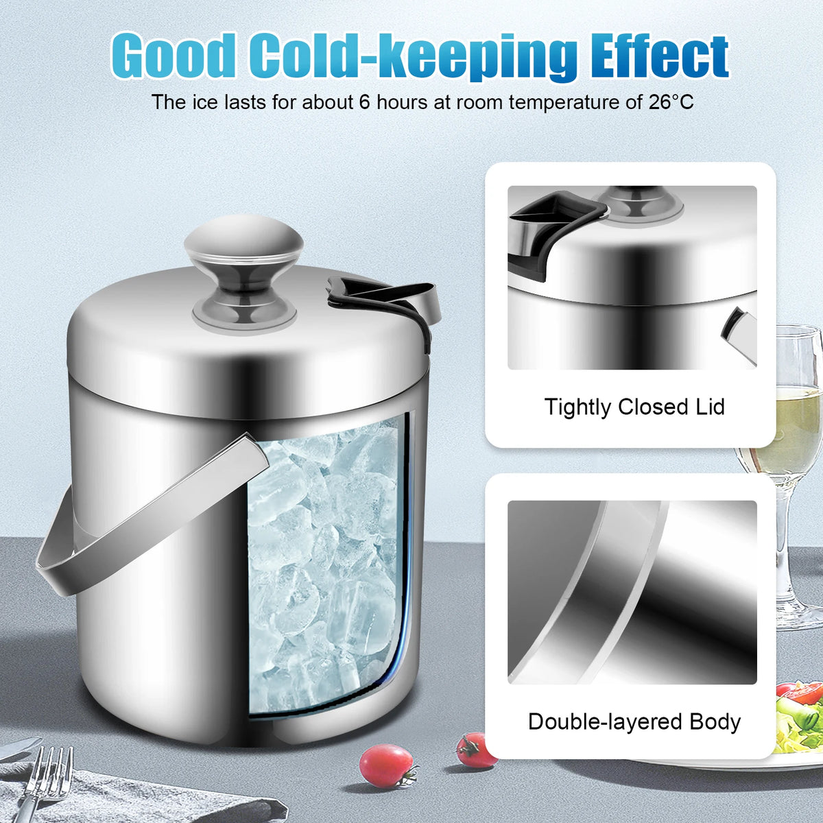 Double Wall Stainless Steel Ice Bucket With Tongs And Lid