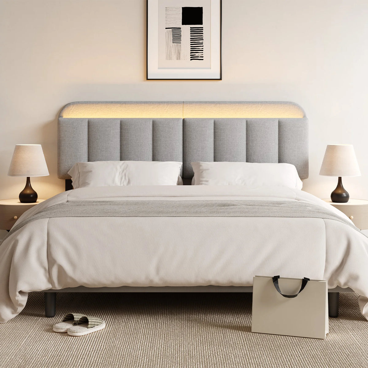 Adjustable Headboard for Full King Size Bed Frame,Linen Fabric Bed Headboard Storage & RGB LED Light in Vertical Channel Design