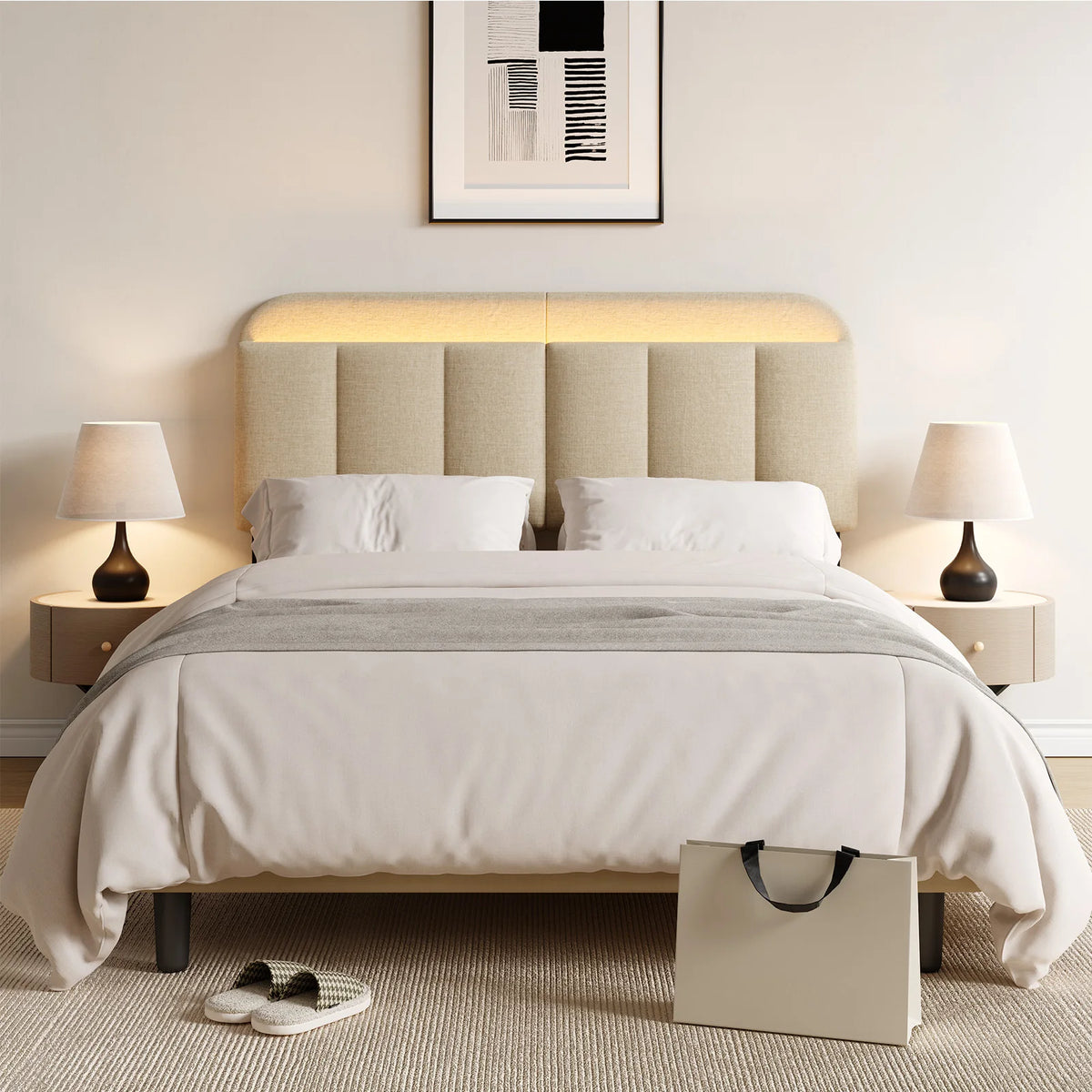 Adjustable Headboard for Full King Size Bed Frame,Linen Fabric Bed Headboard Storage & RGB LED Light in Vertical Channel Design
