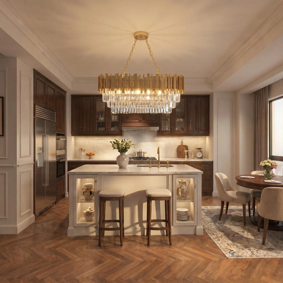 Modern Luxury Crystal Chandelier, Gold Crystal Chandelier, 3-Layer Raindrop Chandelier, Lighting Fixtures, Dining Room, Table, F