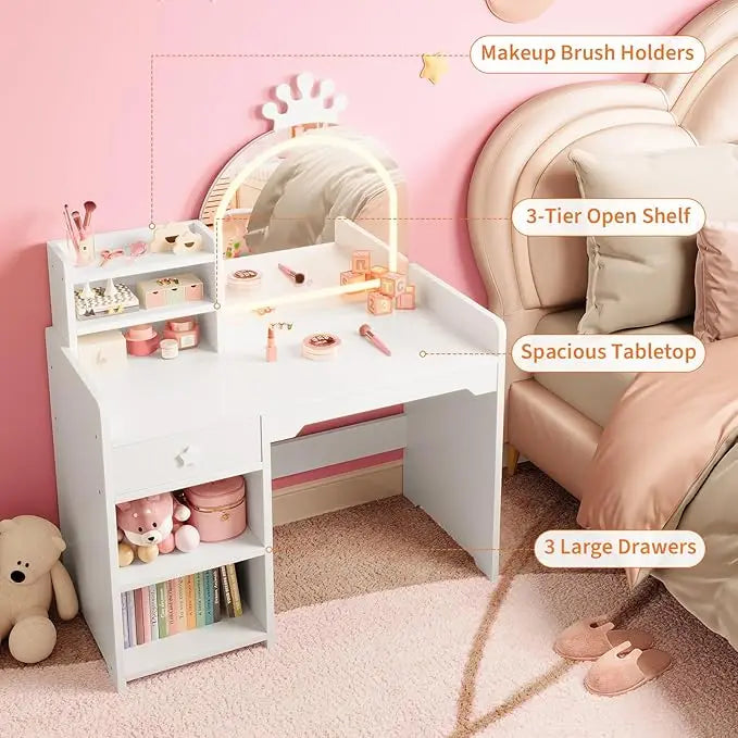 Kids Vanity with Lights, 2 in 1 Princess Makeup Vanity Desk & Chair Set, Toddler Vanity Table with Open Bookshelf for Girls
