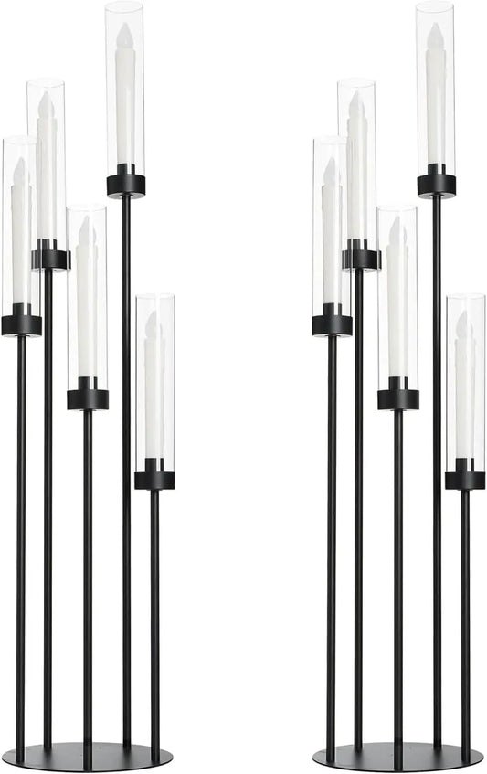 2PCS 39.8" Tall Matte Black Candelabra, 5 Arm Candle Holder with Acrylic Lampshade for Wedding Centerpiece Living Room Dining Room Fireplace Decor Gift