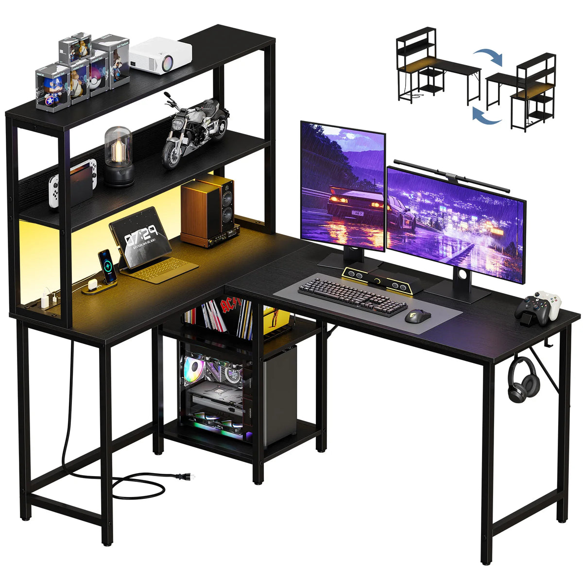 JHK 53 Inch L Shaped Gaming Desk with LED Light Reversible Computer Desk with Adjustable Shelf USB Power Outlet Corner Desk with CPU Stand for Home Office