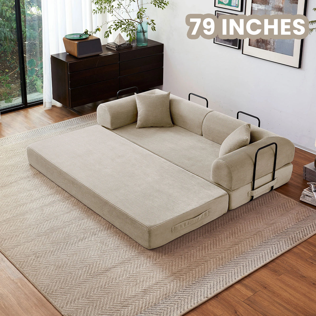Modern Foldable Convertible Futon Sleeper Sofa With L Shaped Armrests