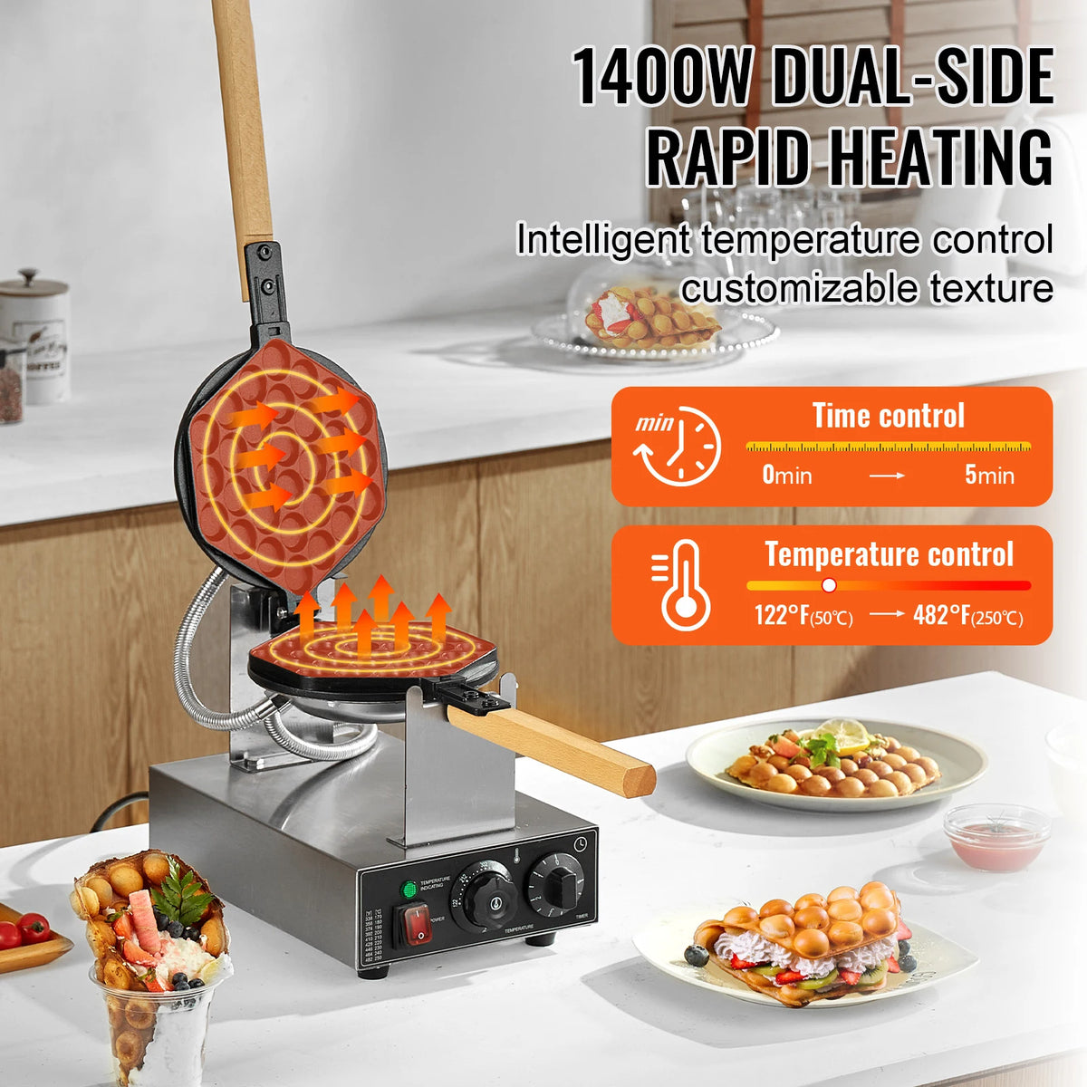 SucceBuy Commercial Bubble Waffle Maker With Nonstick Rotatable Plates