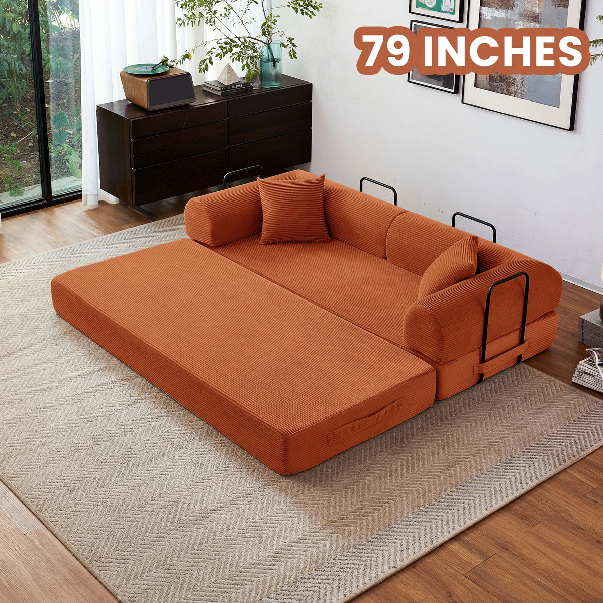 Modern Foldable Convertible Futon Sleeper Sofa With L Shaped Armrests