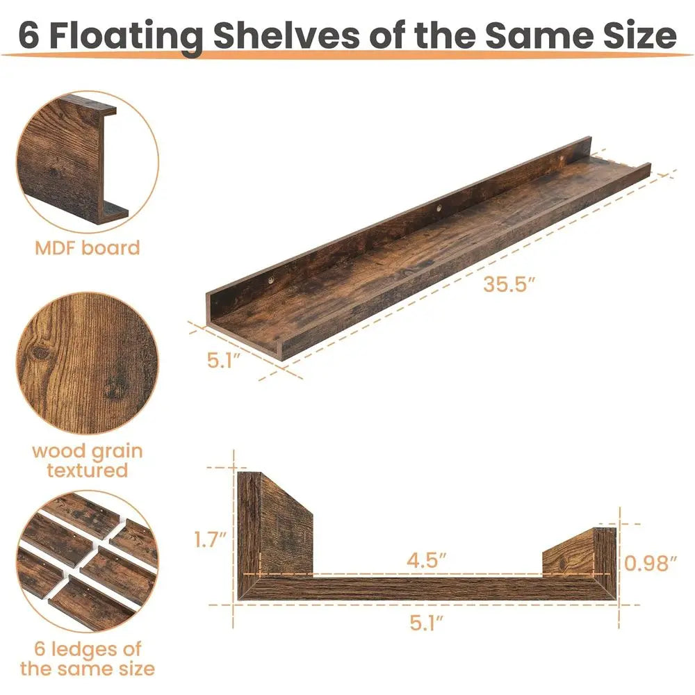 Floating Shelves or Wall, 35.5 Inch Shelves or Decor Storage Set of 6, Wall Mounted Wood Shelves for Bedroom, Living Room, Bathr