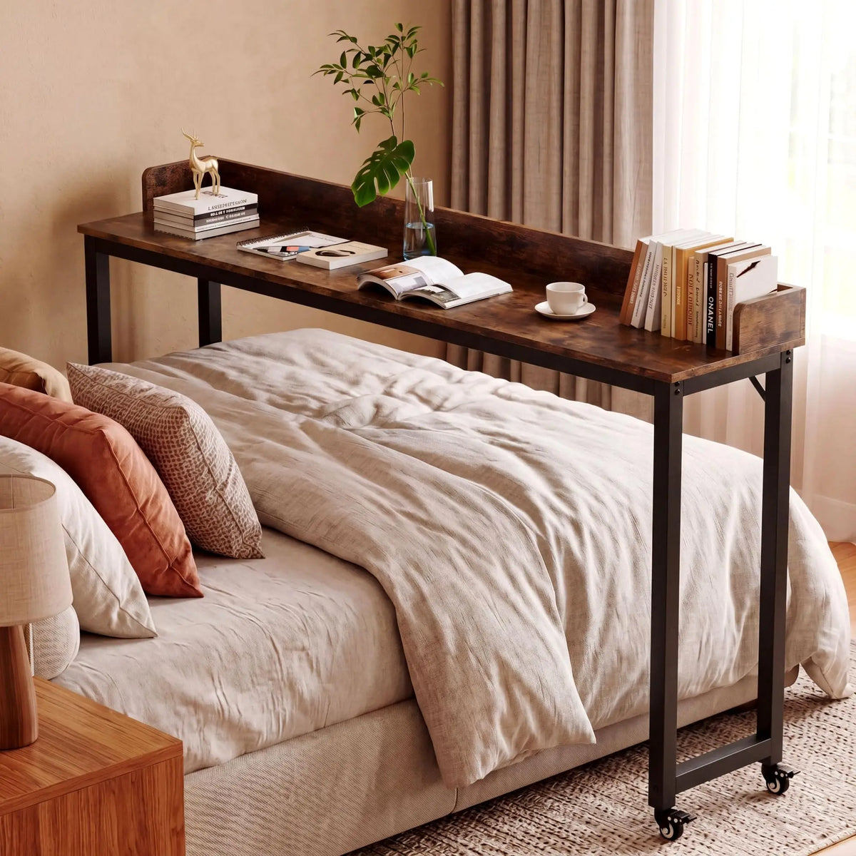 Overbed Table with Wheels,Queen Full Size Mobile Computer Desk,Standing Laptop Cart,Over Bed Table with Heavy Duty Metal Leg,16D x 71W x 41H inch,for Bedroom