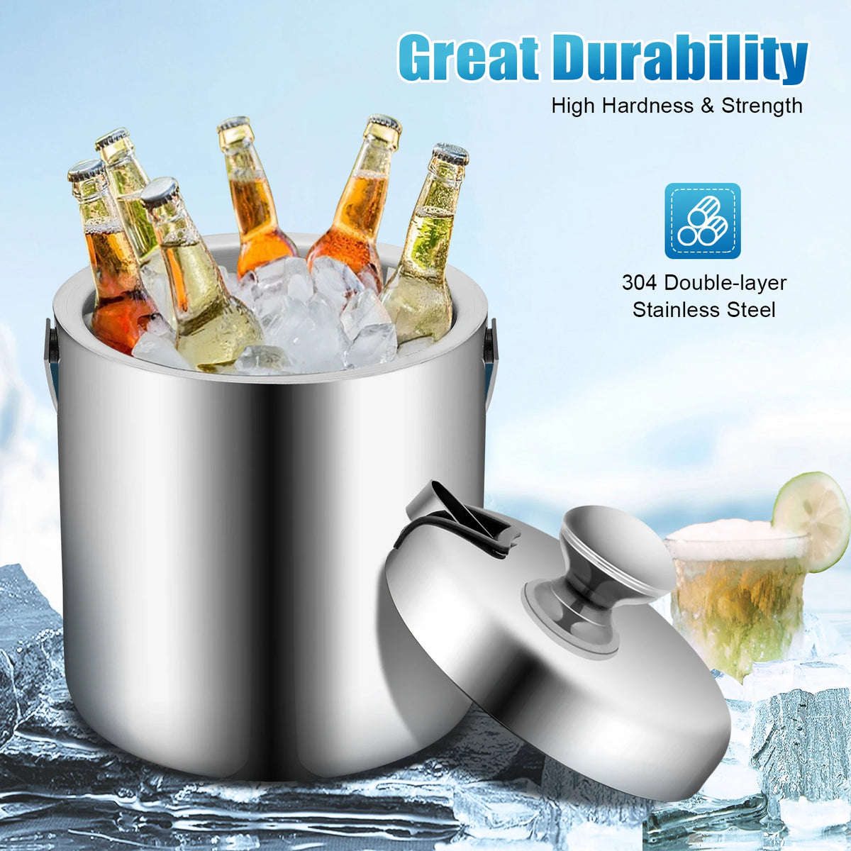 Double Wall Stainless Steel Ice Bucket With Tongs And Lid