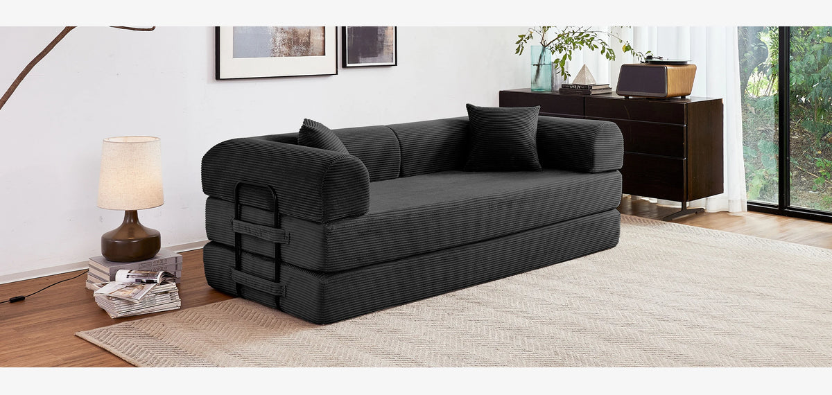 Modern Foldable Convertible Futon Sleeper Sofa With L Shaped Armrests
