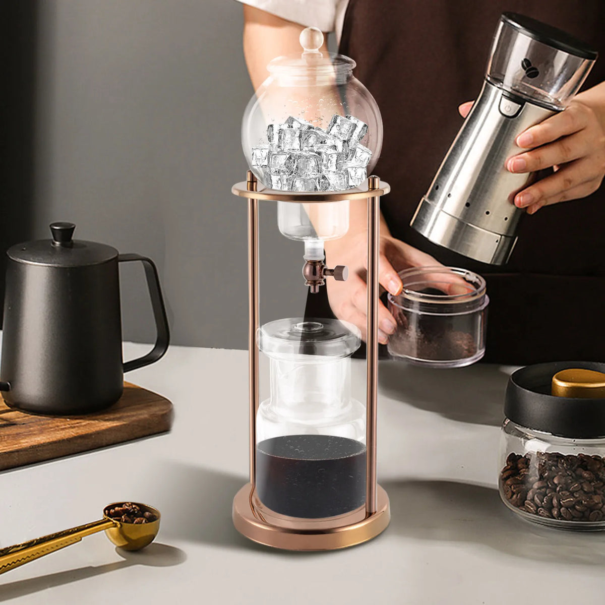 600ml Gold Ice Drip Coffee Maker -20~150°C Heat Resistant Glass Borosilicate Cold Brew Dripper Pot Stainless Steel Cold Coffee Extractor For Home Coffee Shop