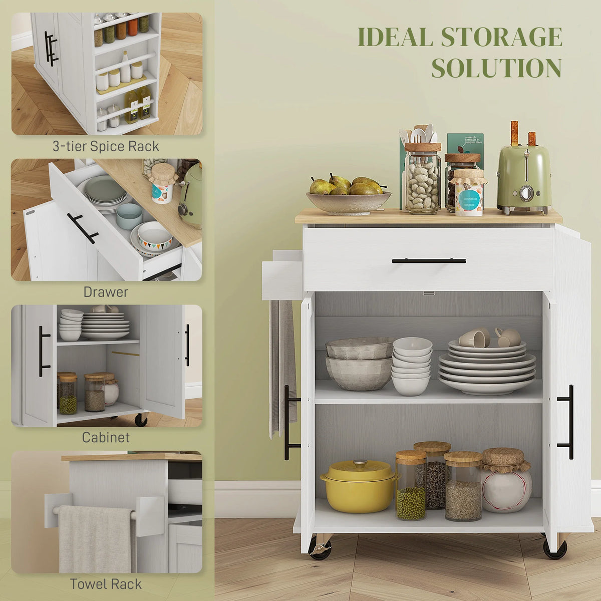 HOMCOM Rolling Kitchen Cart With Storage, Outlets And USB Ports