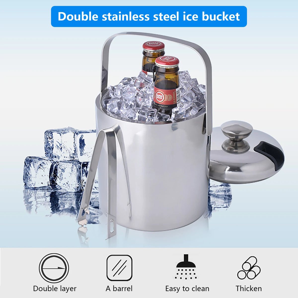 Double Wall Stainless Steel Ice Bucket With Tongs And Lid