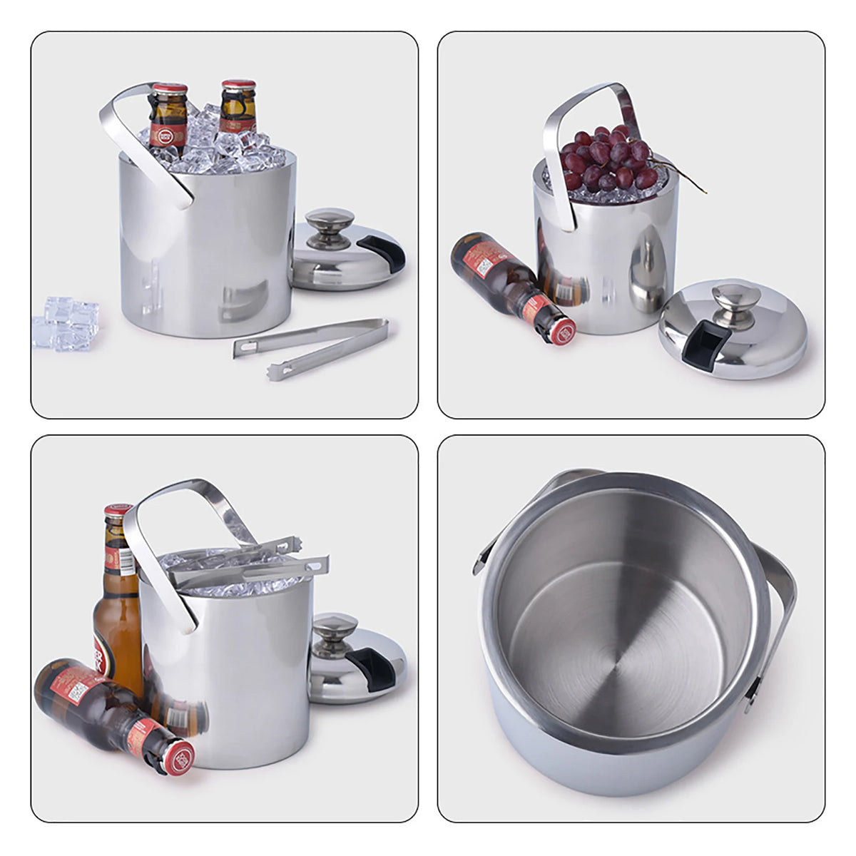 Double Wall Stainless Steel Ice Bucket With Tongs And Lid