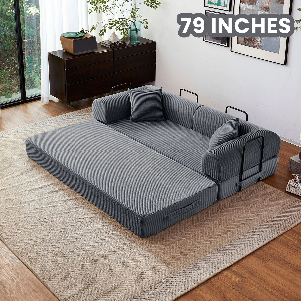 Modern Foldable Convertible Futon Sleeper Sofa With L Shaped Armrests