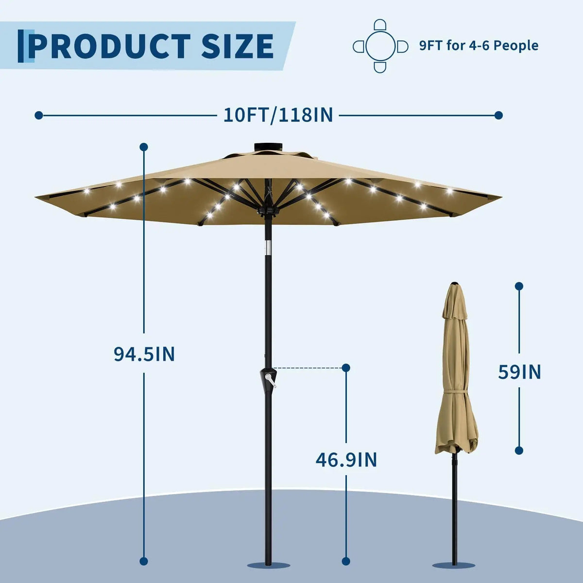 Studyset Solar Powered Outdoor Patio Umbrella With LED Lights