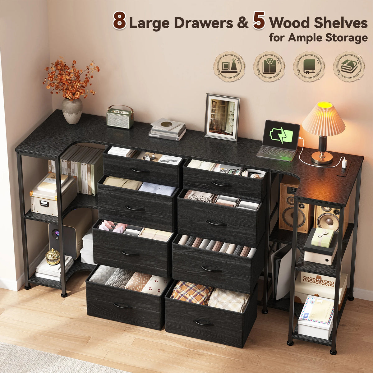 EnHomee Modern TV Stand Dresser With Dual Power Outlets