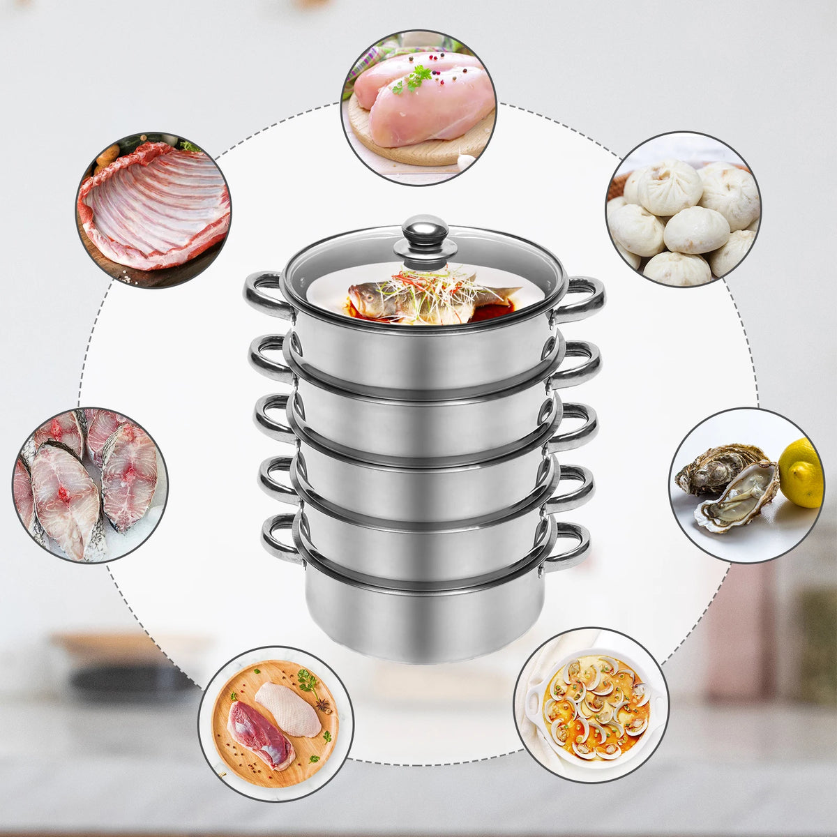 Five Layer Stainless Steel Multifunctional Kitchen Steamer for Cooking