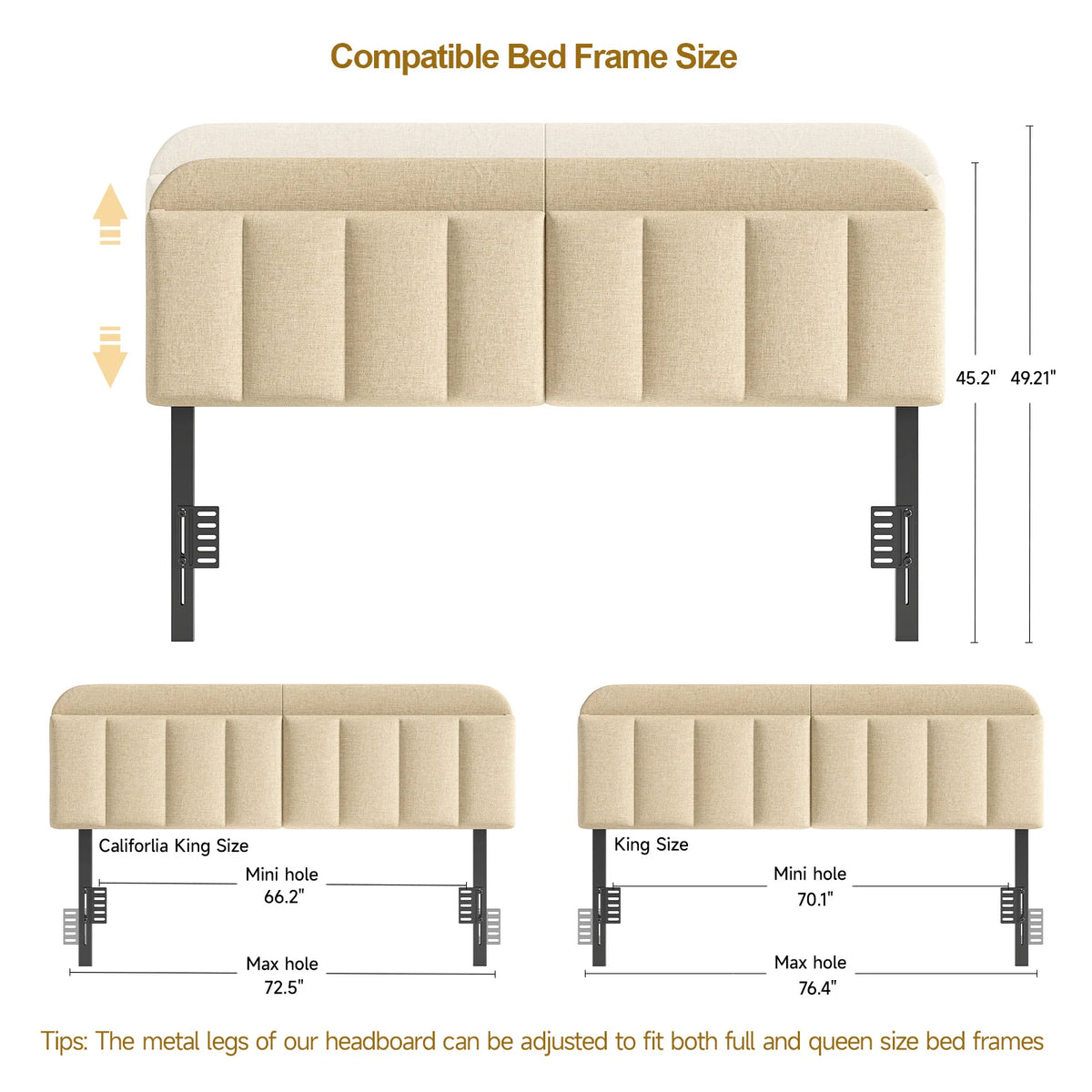 Adjustable Headboard for Full King Size Bed Frame,Linen Fabric Bed Headboard Storage & RGB LED Light in Vertical Channel Design