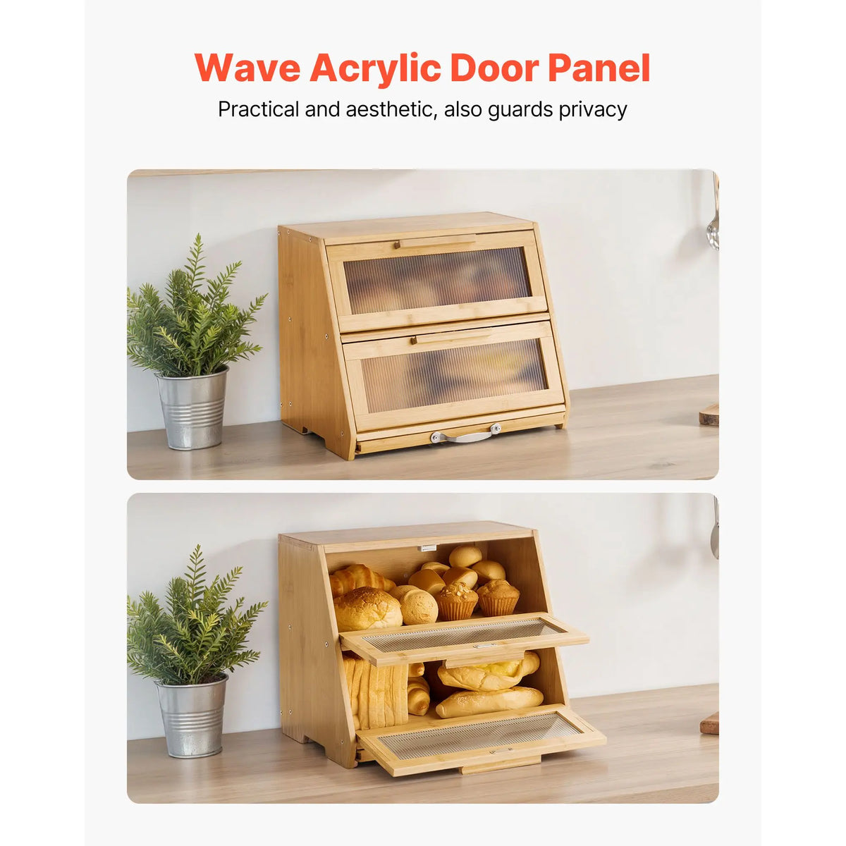 Bamboo Double Layer Bread Box With Acrylic Door Storage