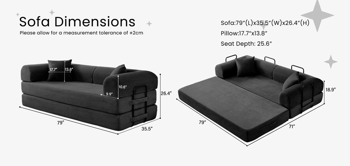 Modern Foldable Convertible Futon Sleeper Sofa With L Shaped Armrests
