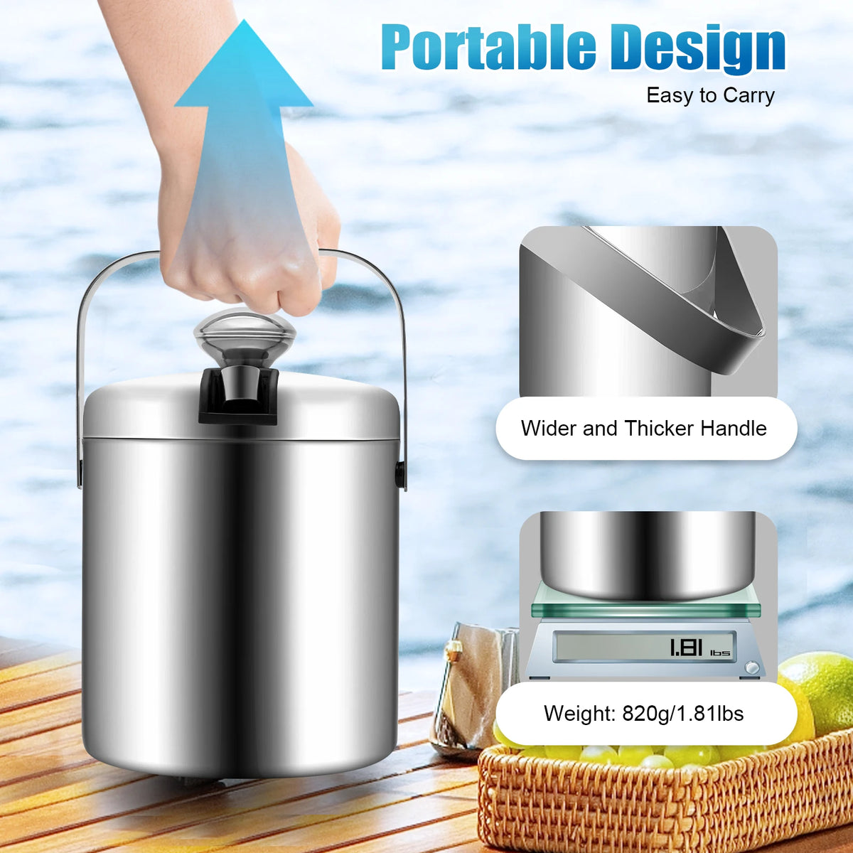 Double Wall Stainless Steel Ice Bucket With Tongs And Lid