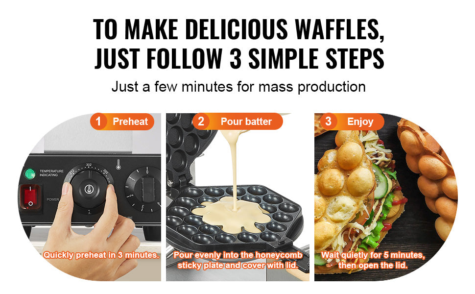 SucceBuy Commercial Bubble Waffle Maker With Nonstick Rotatable Plates