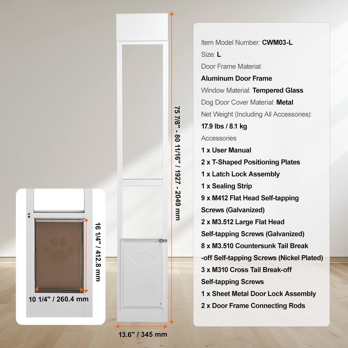 VEVOR Adjustable Sliding Glass Door Dog Door With Aluminum Frame