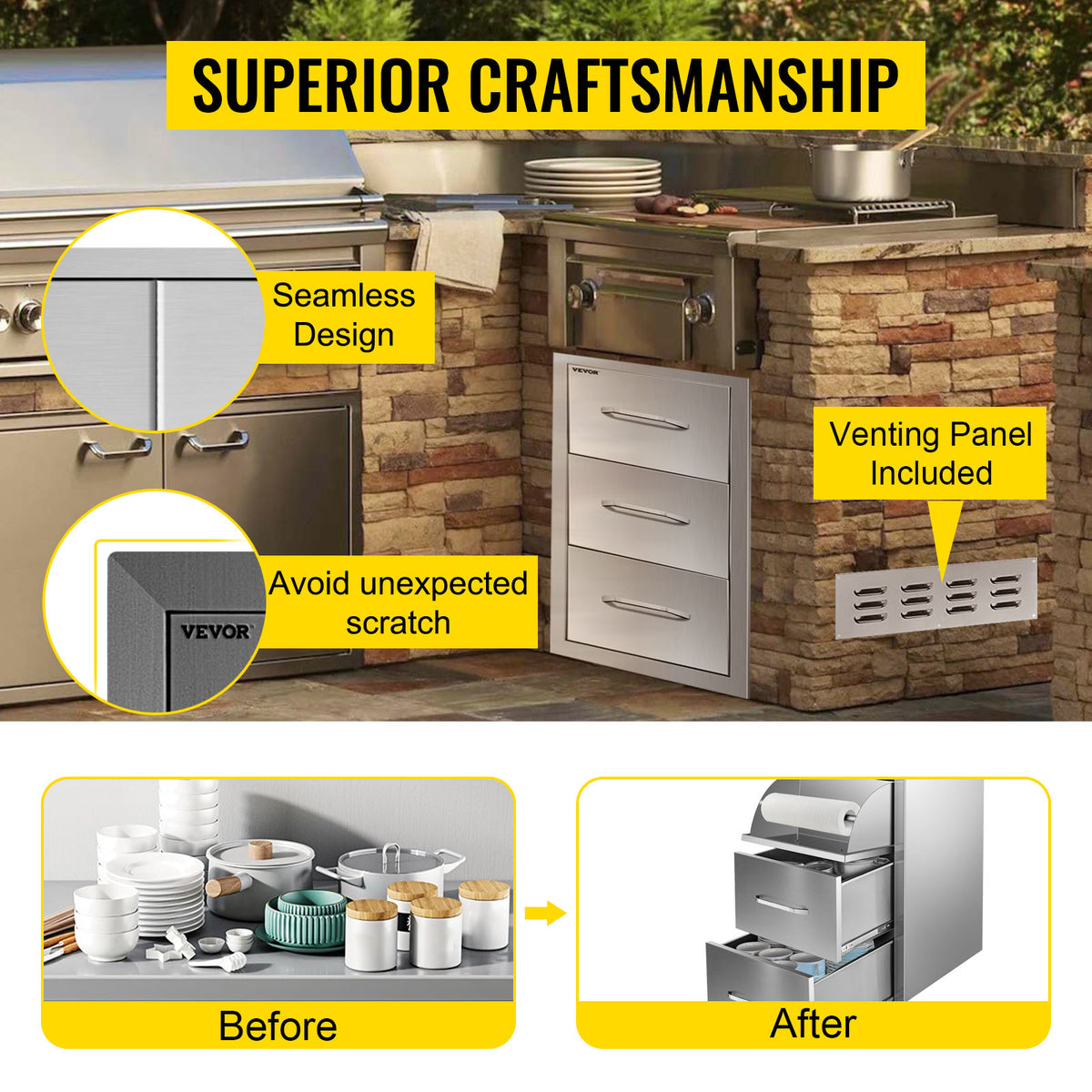 SucceBuy Stainless Steel Outdoor Kitchen Double Drawer Storage