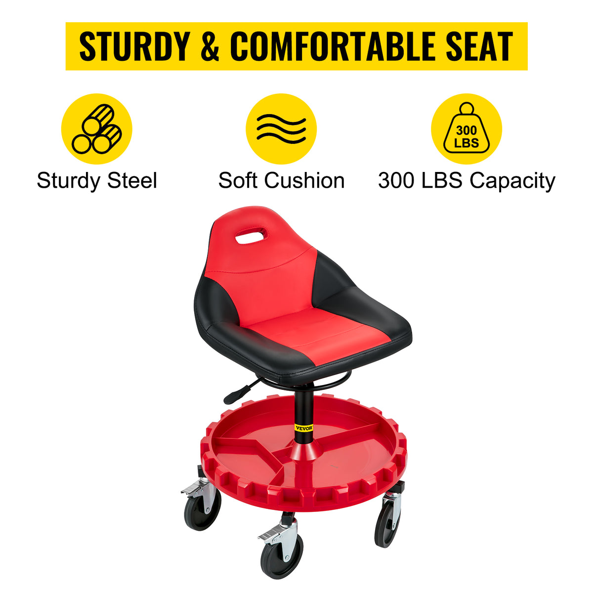SucceBuy Rolling Garage Stool 300 LBS Capacity 21"-26" Adjustable Height Range Mechanic Seat with Swivel Casters and Tool Tray