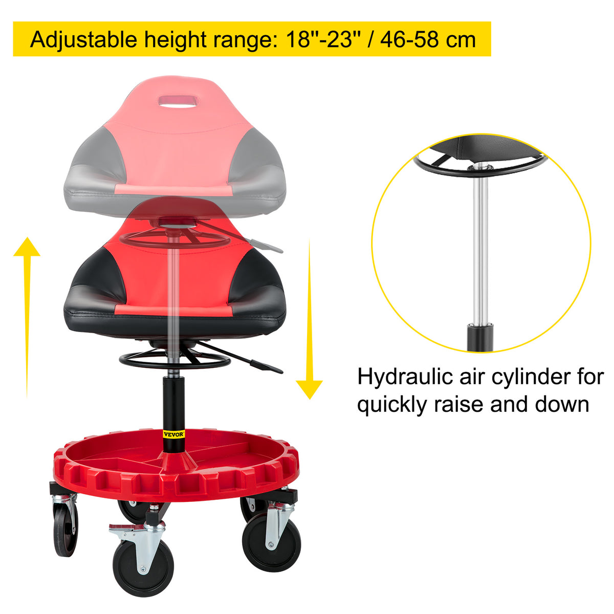 SucceBuy Rolling Garage Stool 300 LBS Capacity 21"-26" Adjustable Height Range Mechanic Seat with Swivel Casters and Tool Tray