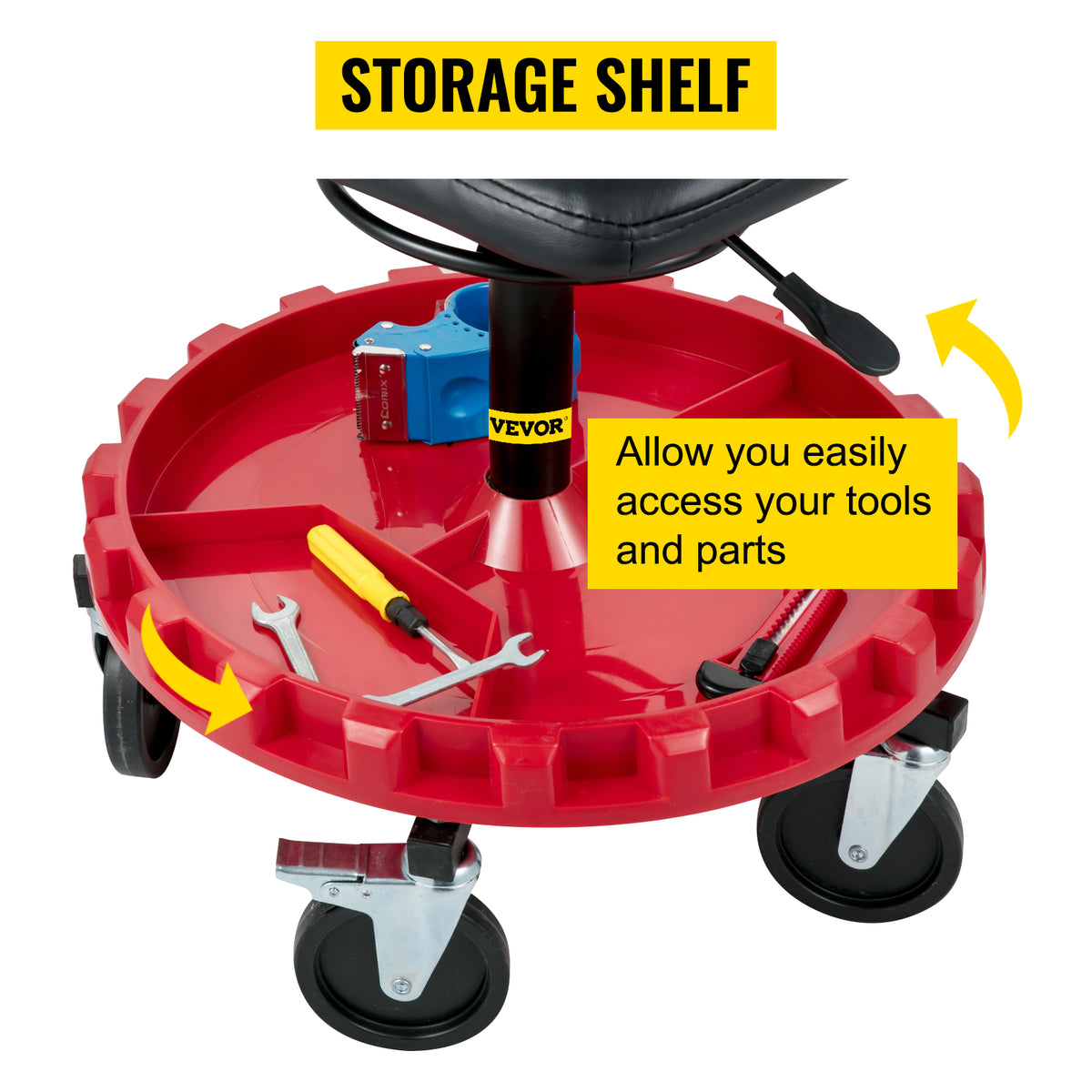 SucceBuy Rolling Garage Stool 300 LBS Capacity 21"-26" Adjustable Height Range Mechanic Seat with Swivel Casters and Tool Tray