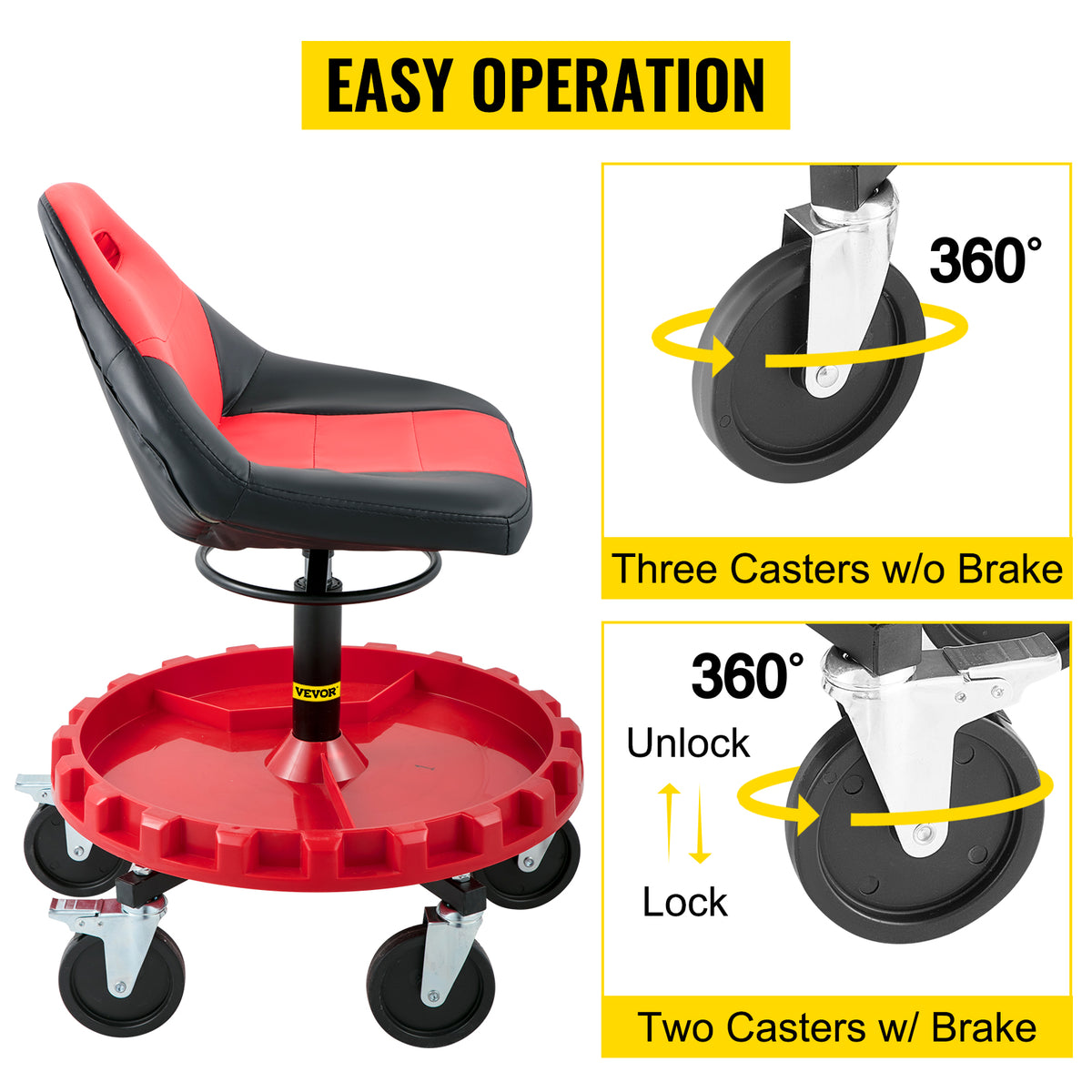 SucceBuy Rolling Garage Stool 300 LBS Capacity 21"-26" Adjustable Height Range Mechanic Seat with Swivel Casters and Tool Tray
