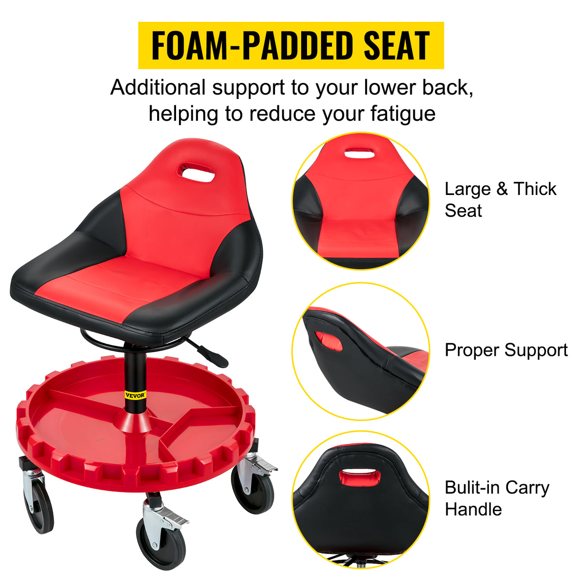 SucceBuy Rolling Garage Stool 300 LBS Capacity 21"-26" Adjustable Height Range Mechanic Seat with Swivel Casters and Tool Tray