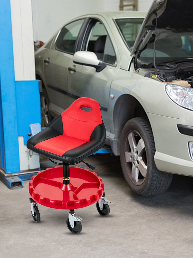 SucceBuy Rolling Garage Stool 300 LBS Capacity 21"-26" Adjustable Height Range Mechanic Seat with Swivel Casters and Tool Tray