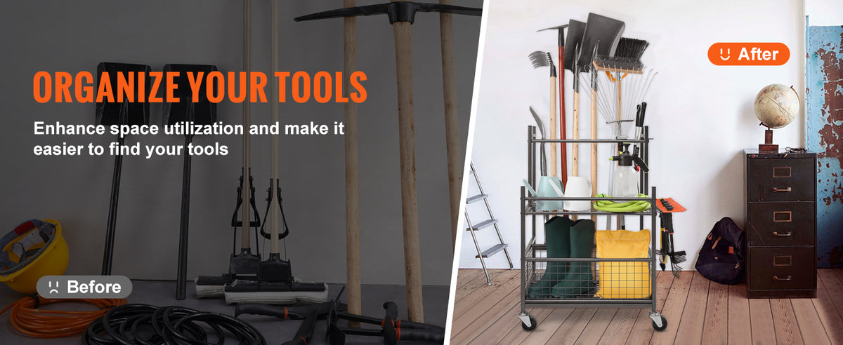 SucceBuy Garden Tool Organizer Rack With Hooks And Wheels