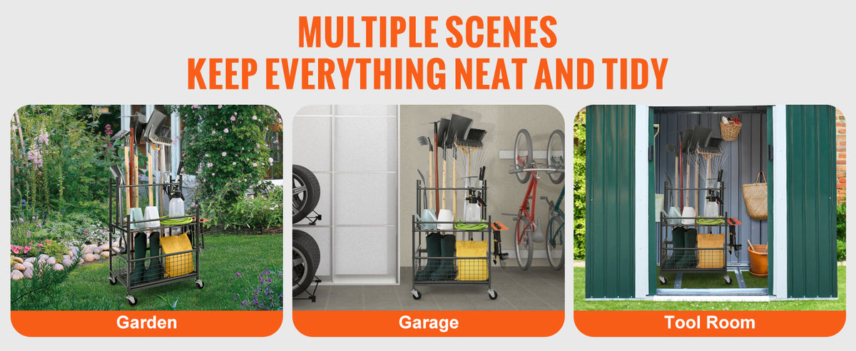 SucceBuy Garden Tool Organizer Rack With Hooks And Wheels